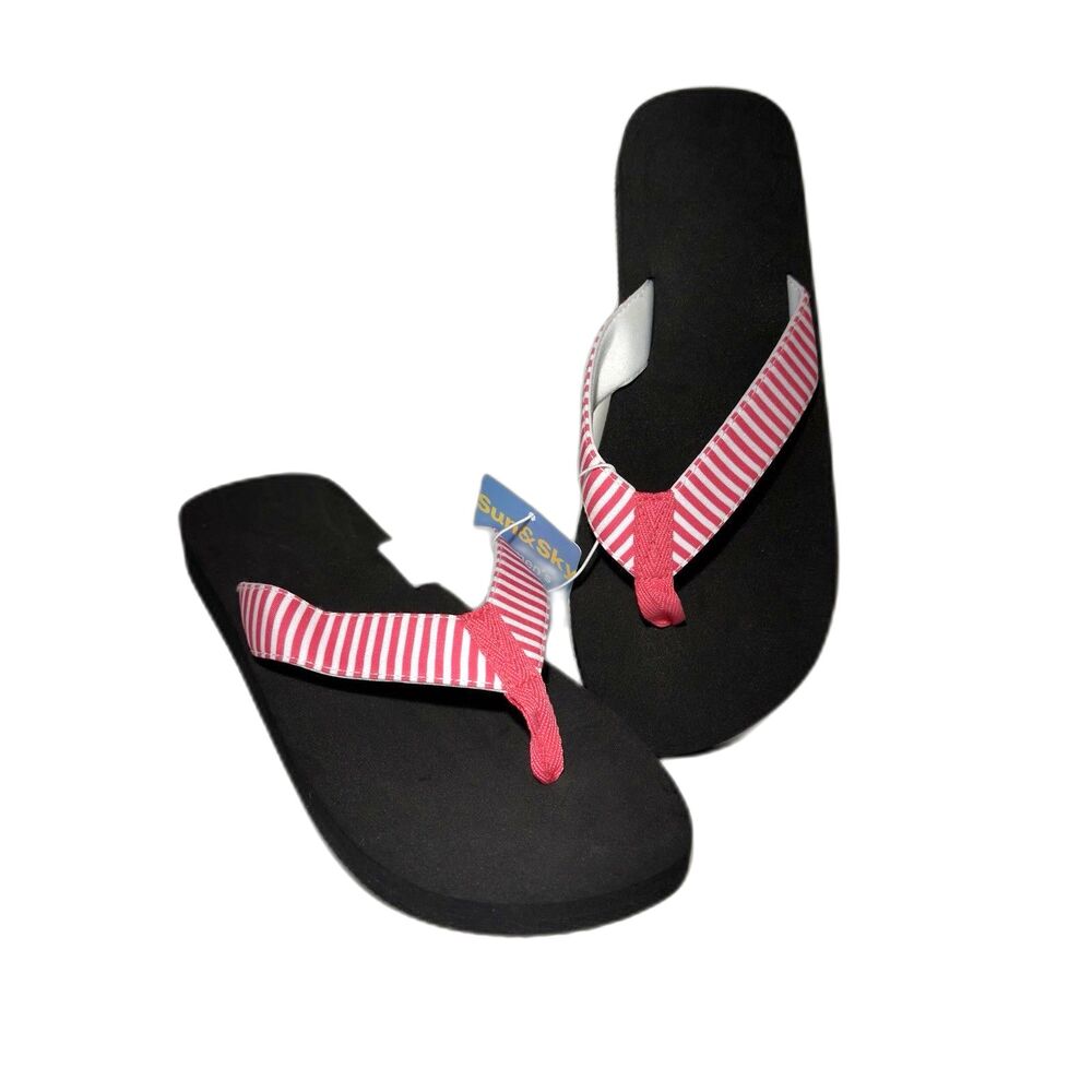 Sun & Sky Women’s Flip Flop Sandals Pink White Striped Black Size 9-10 NWT